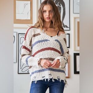 Beige Multi Frayed Edge Stripe Sweater